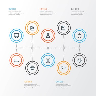 Bilgisayar anahat simgelerini belirlemek. Dosya, Cpu, Sabit Disk ve diğer öğeleri koleksiyonu. Ayrıca ekran, Notebook, ekran gibi simgeler içerir.
