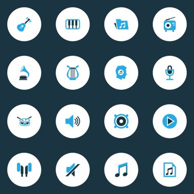 Ses renkli simgeler kümesi. Oyun, radyo, Not ve diğer öğeleri koleksiyonu. Ayrıca Octave, ses, dosya gibi simgeler içerir.