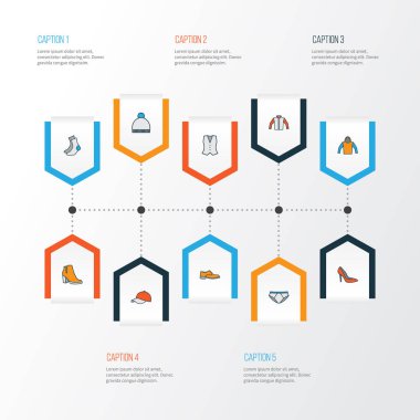 Giysi renkli anahat simgeler kümesi. Yelek, külot, fasulye ve diğer öğeleri koleksiyonu. Ayrıca yelek, bere, pon pon gibi simgeler içerir.