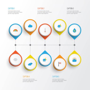 Hava düz simgeler kümesi. Afiş, doluya, yay ve diğer öğeleri koleksiyonu. Ayrıca yay, sıcaklık, gökyüzü gibi simgeler içerir.