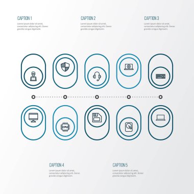 Donanım anahat simgelerini belirlemek. Dizüstü bilgisayar, kulaklık, tuş takımı ve diğer öğeleri koleksiyonu. Ayrıca mikroişlemci, kulaklık, disket gibi simgeler içerir.