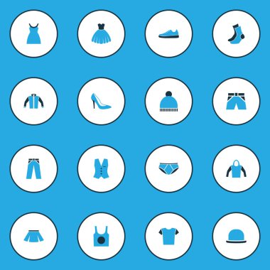 Giysi renkli simgeler kümesi. Panama, etek, elbise ve diğer öğeleri koleksiyonu. Ayrıca ayakkabı, rüzgarlık, Panama gibi simgeler içerir.