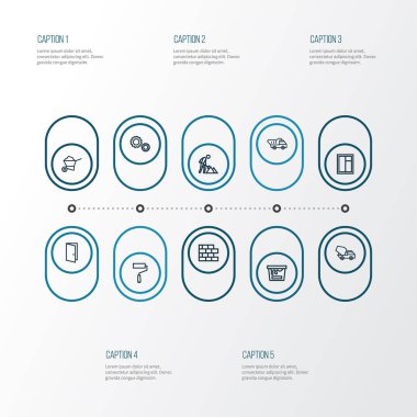 Bina anahat simgelerini belirlemek. Kapı, Beton mikseri, dişli ve diğer öğeleri koleksiyonu. Ayrıca çerçeve, el arabası, giriş gibi simgeler içerir.