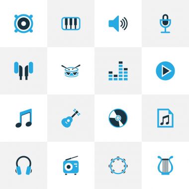 Multimedya renkli simgeler kümesi. Çalma listesi, kulaklık, hoparlör ve diğer öğeleri koleksiyonu. Ayrıca oyun, müzikal, tef gibi simgeler içerir.