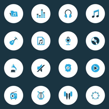 Ses renkli simgeler kümesi. Mikrofon, kulaklık, klasör ve diğer öğeleri koleksiyonu. Ayrıca dosyası, vinil, Cd gibi simgeler içerir.