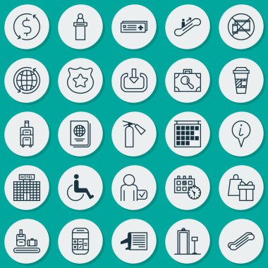 Icons Set seyahat. Para Trasnfer, seyyah, takvim ve diğer öğeleri koleksiyonu. Ayrıca tatil gibi hareket, Asansör simgeler içerir.
