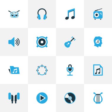 Ses renkli simgeler kümesi. Radyo, müzik, davul ve diğer öğeleri koleksiyonu. Ayrıca, tef, kulaklık, pikap gibi simgeler içerir.