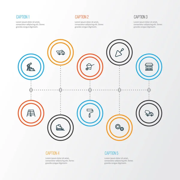 İnşaat anahat simgeleri ayarlayın. Buldozer, mala, dişli ve diğer öğeleri koleksiyonu. Ayrıca bakım, Mikser, ev gibi simgeler içerir.