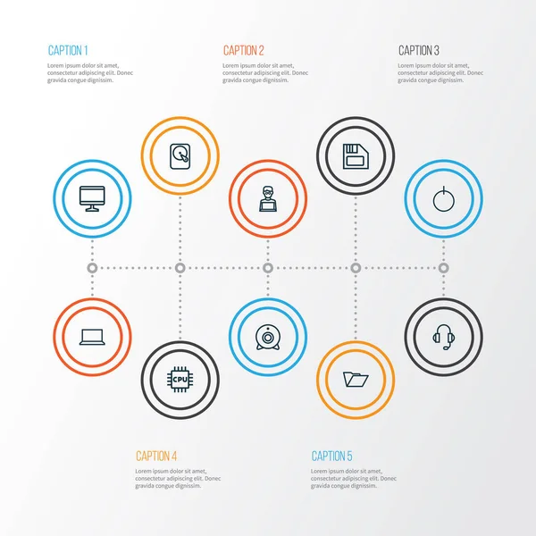 Számítógép vázlat ikonok beállítása. Fájl, a Cpu, a merevlemez és más elemek gyűjteménye. Magában foglalja a szimbólumok, mint a képernyő, Notebook, kijelző. — Stock Vector
