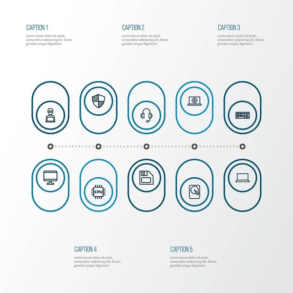 Donanım anahat simgelerini belirlemek. Dizüstü bilgisayar, kulaklık, tuş takımı ve diğer öğeleri koleksiyonu. Ayrıca mikroişlemci, kulaklık, disket gibi simgeler içerir.