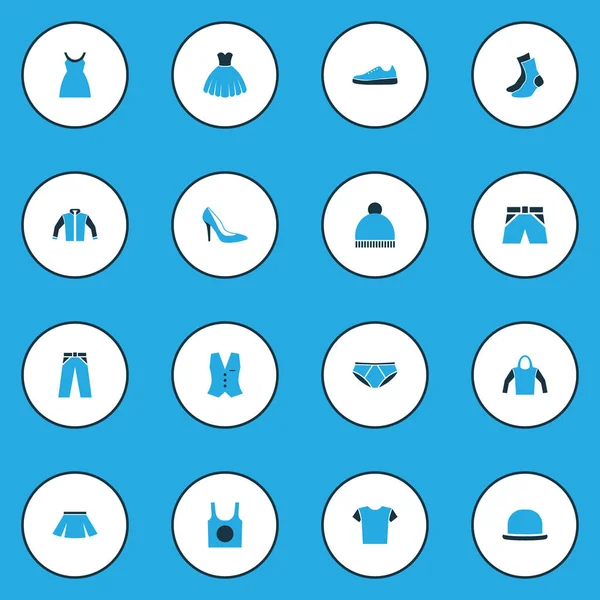 Giysi renkli simgeler kümesi. Panama, etek, elbise ve diğer öğeleri koleksiyonu. Ayrıca ayakkabı, rüzgarlık, Panama gibi simgeler içerir.