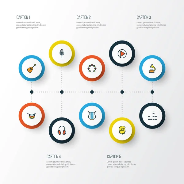 화려한 멀티미디어 개요 아이콘 설정합니다. 믹서, 증폭기, 이어폰 및 기타 요소의 컬렉션입니다. 또한 기호를 포함 한다와 같은, 축음기, 비트. — 스톡 벡터