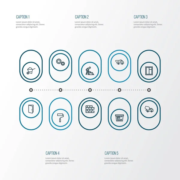 Building Outline Icons Set. Collection Of Door, Concrete Mixer, Gear And Other Elements. Also Includes Symbols Such As Frame, Wheelbarrow, Entrance. — Stock Vector