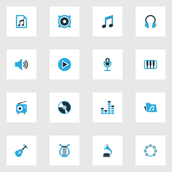 오디오 다채로운 아이콘 설정합니다. 탬 버린, 폴더, 축음기 및 기타 요소의 컬렉션입니다. 또한 옥타브, 볼륨, 탬 버린 등의 기호를 포함. — 스톡 벡터