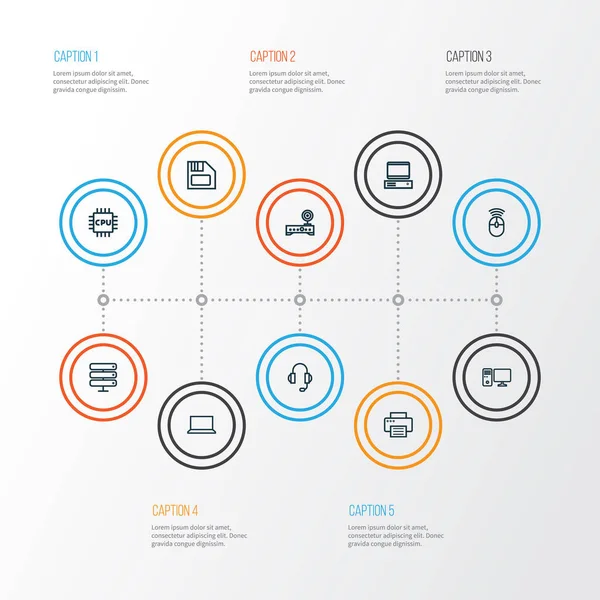 Aperçu de l'ordinateur Icônes Set. Collection d'écouteurs, disquette, PC et autres éléments. Comprend également des symboles tels que périphérique, PC, central . — Image vectorielle