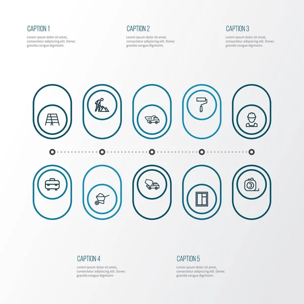 Esquema de la industria Conjunto de iconos. Colección de hormigonera, regla de cinta, pintor de pared y otros elementos. También incluye símbolos como la escalera, la medida, el vehículo . — Vector de stock