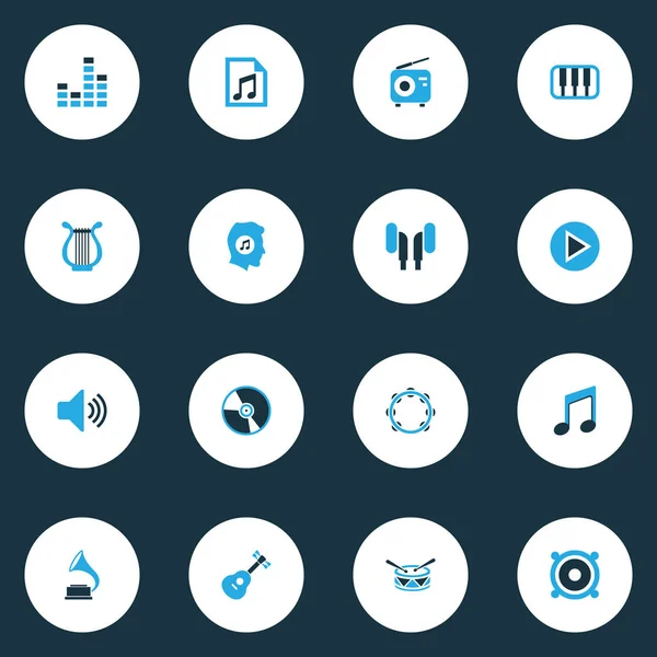 Multimedia kleurrijke Icons Set. Collectie van de tamboerijn, Radio, spelen en andere elementen. Ook symbolen zoals Mixer, tamboerijn, vat. — Stockvector