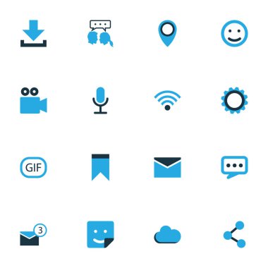 Medya renkli simgeler kümesi. Zarf, gülümseme, paylaşım ve diğer öğeleri koleksiyonu. Gülümseme, Sticker, yayımlamak gibi semboller de içerir.