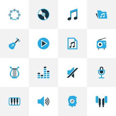 Müzik renkli simgeler kümesi. Çalma listesi, gitar, müzik aşığı ve diğer öğeleri koleksiyonu. Ayrıca ekolayzer, kulaklık, sessiz gibi simgeler içerir.