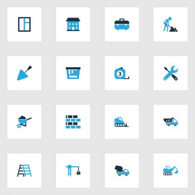 Mimari renkli simgeler kümesi. Boya, kazıcı, tornavida ve diğer öğeleri koleksiyonu. Ayrıca Devirmeli araçlar, araçlar, araba gibi simgeler içerir.