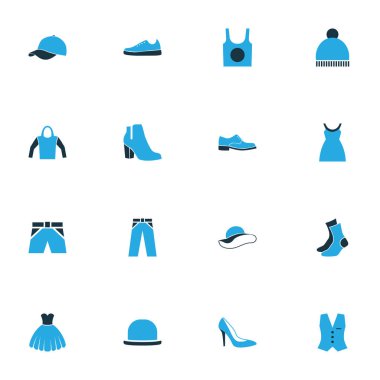 Elbise renkli simgeler kümesi. Şort, Beanie, çorap ve diğer öğeleri koleksiyonu. Ayrıca Sweatshirt, Sox, iç çamaşırı gibi simgeler içerir.