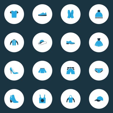 Renkli simgeler kümesi elbise. Adam ayakkabı, etek, yelek ve diğer öğeleri koleksiyonu. Ayrıca ayakkabı, spor ayakkabı, kız gibi simgeler içerir.