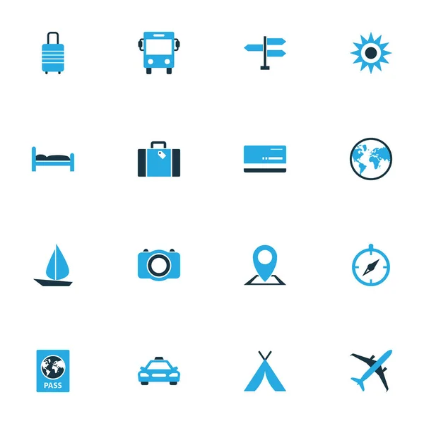 Reizen kleurrijke Icons Set. Collectie foto-apparaat, vliegtuig, Bus en andere elementen. Ook symbolen zoals Autobus, Bagage, Tent. — Stockvector