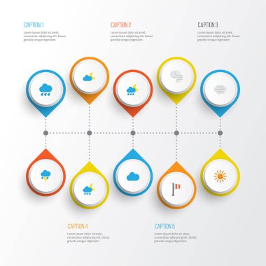 Hava düz simgeler kümesi. Rüzgarlı topluluğu, güneş, yıldırım ve diğer öğeler. Ayrıca afiş, fırtına, Blizzard gibi simgeler içerir.