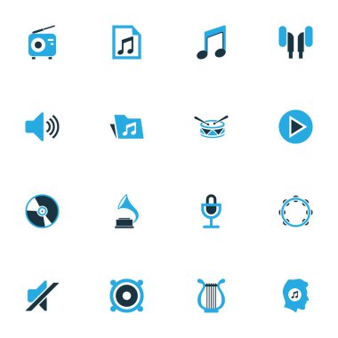 Multimedya renkli simgeler kümesi. Not, radyo, gramofon ve diğer öğeleri koleksiyonu. Ayrıca, dosya, klasör, dikkat gibi simgeler içerir.