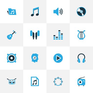 Multimedya renkli simgeler kümesi. Tef, gitar, radyo ve diğer öğeleri koleksiyonu. Ayrıca kulaklık, kulaklık, araç gibi simgeler içerir.