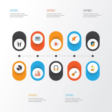 Multimedya düz simgeler kümesi. Kulak Muffs, kulaklık, kontrolcü ve diğer öğeleri koleksiyonu. Gitar, müzikal, düğme gibi semboller de içerir.