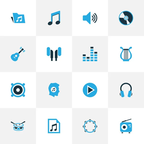 Multimedia kleurrijke Icons Set. Collectie van de tamboerijn, gitaar, Radio en andere elementen. Ook symbolen zoals hoofdtelefoon, koptelefoon, Instrument. — Stockvector