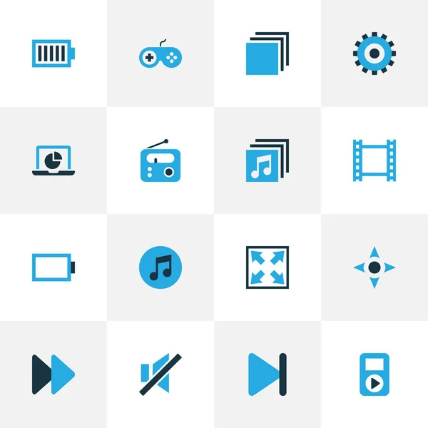 Zestaw multimedialny kolorowe ikony. Kolekcja pełna baterii, powiększyć, gracz i innych elementów. Również zawiera symbole, takie jak Radio, pełna, Zmień rozmiar. — Wektor stockowy