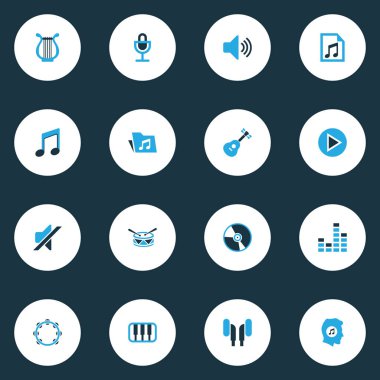 Multimedya renkli simgeler kümesi. Mikrofon, sessiz, gitar ve diğer öğeleri koleksiyonu. Ayrıca kontrol gibi vurmalı, müzik simgeler içerir.