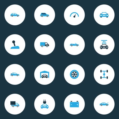 Araba renkli simgeler kümesi. Garaj, Van, hız göstergesi ve diğer öğeleri koleksiyonu. Ayrıca Crossover, tamir, üstü açık araba gibi simgeler içerir.
