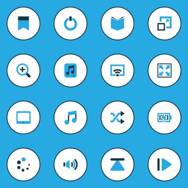 Multimedya renkli simgeler kümesi. Güç, öğrenme, nota ve diğer öğeleri koleksiyonu. Da içeren sembolleri gibi yavaş, güç, flama.