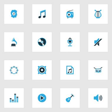 Multimedya renkli simgeler kümesi. Radyo, gramofon, Harp ve diğer öğeleri koleksiyonu. Ayrıca mikrofon, düğme, müzik gibi simgeler içerir.