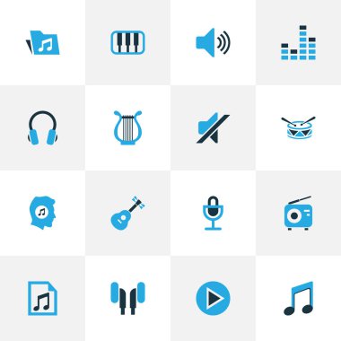 Multimedya renkli simgeler kümesi. Kulaklık, oyun, sessiz ve diğer öğeleri koleksiyonu. Ayrıca sessiz, enstrüman, kulaklık gibi simgeler içerir.