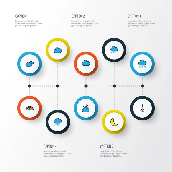 Hava renkli anahat simgeler kümesi. Kar yağışı, toplama bulutlu, kasırga ve diğer öğeler. Ayrıca kar yağışı gibi bulutlu, güneş sembolleri içerir.