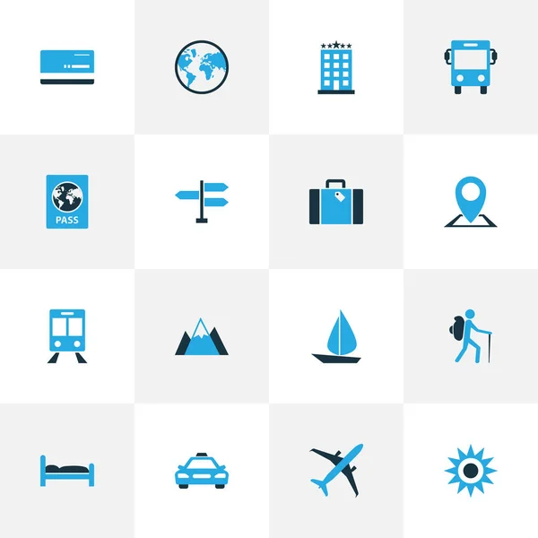 Reisen farbenfrohe Symbole gesetzt. Sammlung von Hotels, Bussen, Flugzeugen und anderen Elementen. auch Symbole wie Segel, Hotel, Erde. — Stockvektor