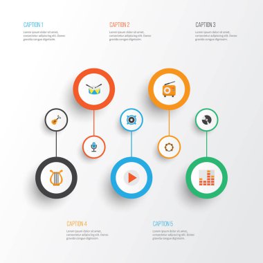 Ses düz simgeler kümesi. Düğme, Dj, hoparlör ve diğer öğeleri koleksiyonu. Ayrıca mikrofon, ARP, megafon gibi simgeler içerir.