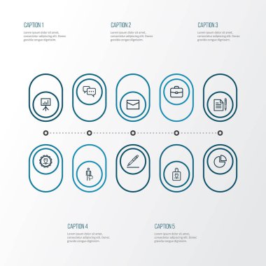 Ticaret anahat simgeler kümesi. İşadamı, posta, daire grafik ve diğer öğeleri koleksiyonu. Ayrıca kimlik, grafik, bavul gibi simgeler içerir.