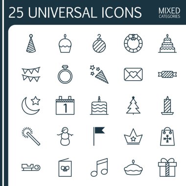 Christmas simgeleri ayarlayın. Kutlama kartı, Noel top, kutlama pastası ve diğer öğeleri koleksiyonu. Ayrıca ışıltı, havai fişek, hediye gibi simgeler içerir.