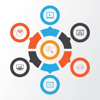 Reklam Icons Set. Pazar araştırması, yükleme hızı, Web sayfası performansını ve diğer öğeleri koleksiyonu. Ayrıca hız, sayfa, pazarlama gibi simgeler içerir.