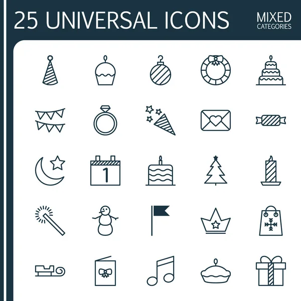 Christmas simgeleri ayarlayın. Kutlama kartı, Noel top, kutlama pastası ve diğer öğeleri koleksiyonu. Ayrıca ışıltı, havai fişek, hediye gibi simgeler içerir.