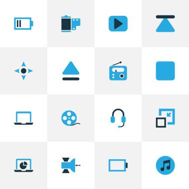 Multimedya renkli simgeler kümesi. Ücret, defter, boş akü ve diğer öğeleri koleksiyonu. Film şeridi, müzik, oyun gibi semboller de içerir.