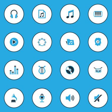 Ses renkli simgeler kümesi. Davul, sessiz, çalma listesi ve diğer öğeleri koleksiyonu. Ayrıca ekolayzer, Not, tef gibi simgeler içerir.