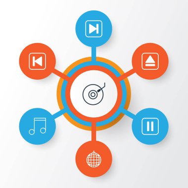 Müzik simgeler kümesi. Skip şarkı, özü aygıt, topluluğu geri ve diğer öğeleri şarkı çalıştırın. De gramofon gibi simgeler içerir hızlı, geri.