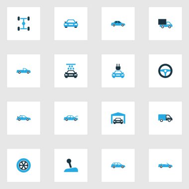 Otomobil renkli simgeler kümesi. Otomatik Hood, spor otomobil, vites kolu ve diğer öğeleri koleksiyonu. Ayrıca dişli, Araba, garaj gibi simgeler içerir.