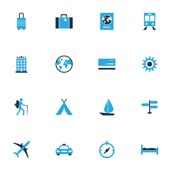 Resa färgglada ikoner Set. Samling av segel-, säng-, bagage- och andra element. Innehåller också symboler såsom hytten, människa, båt. — Stock vektor
